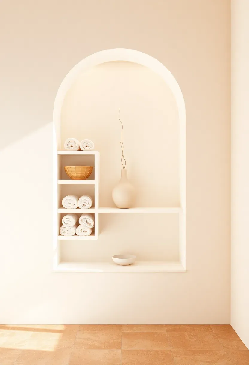 Arched alcove opening in a bathroom wall framing built-in shelves with towels and decorative objects