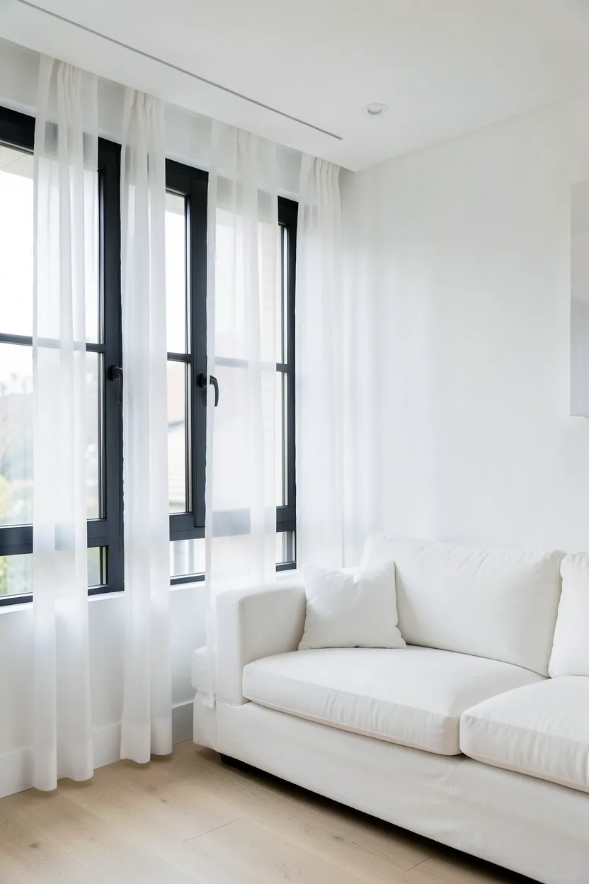 Black-framed windows with floor-to-ceiling white sheer curtains in a bright minimalist living room letting natural light filter through