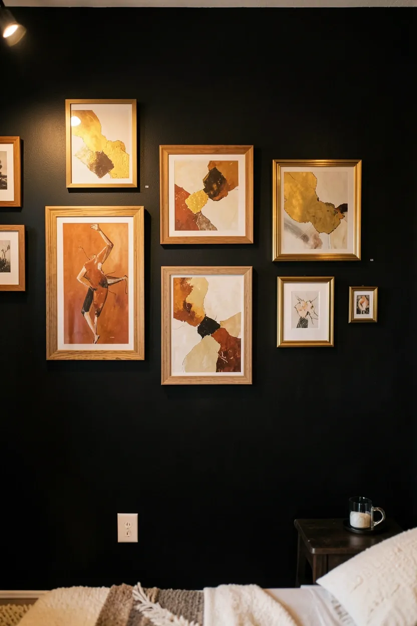 Dark boho bedroom with deep teal painted walls, aged brass mirror and lamp accents, and natural wood nightstand