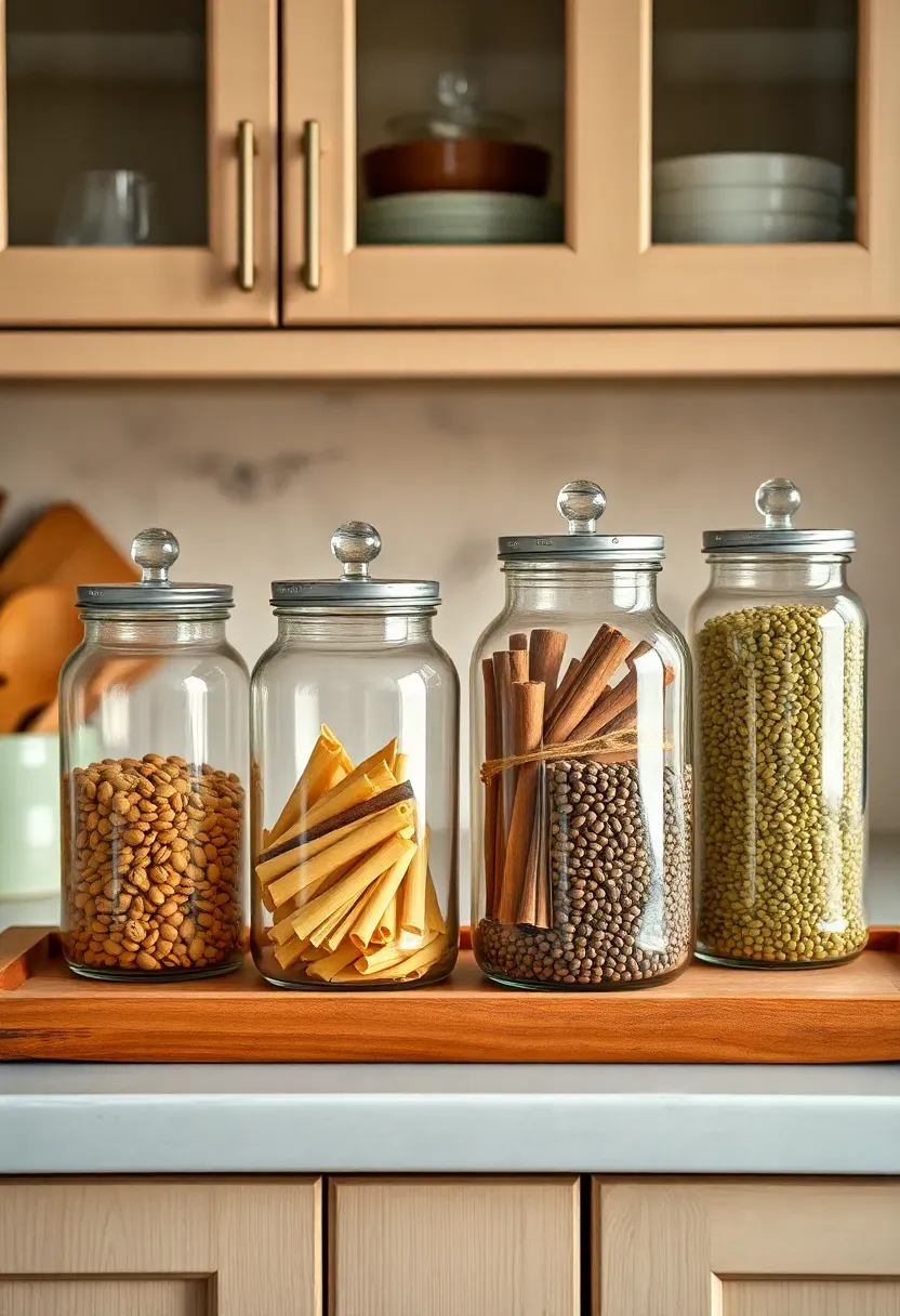 Glass apothecary jars filled with coffee beans and dried botanicals above kitchen cabinets