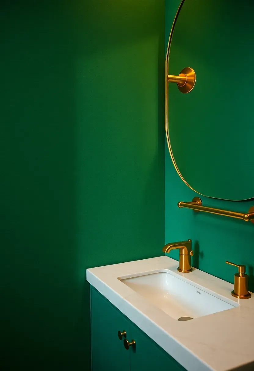 Deep emerald velvet wallcovering in a sophisticated powder room with polished brass fixtures and honed marble countertop