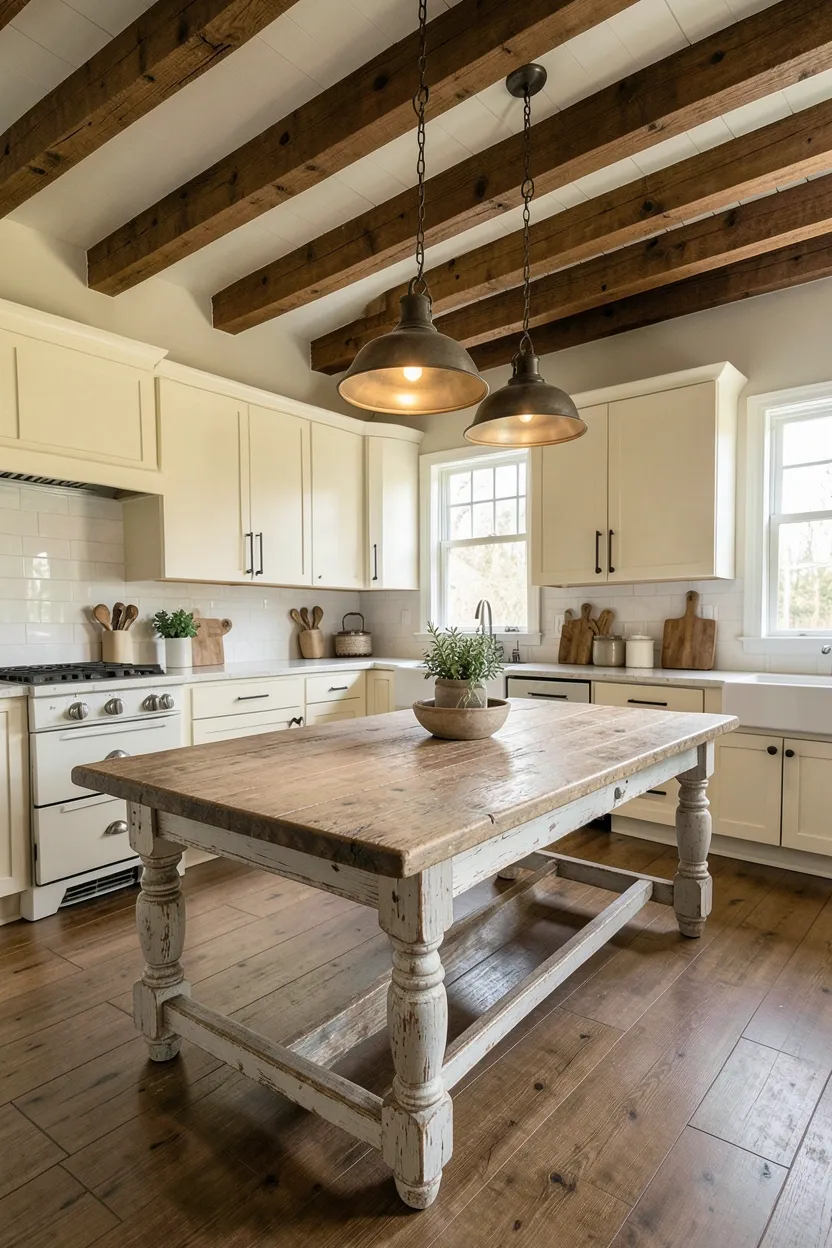 Large distressed wood farmhouse dining table centered in a cozy rustic kitchen with mismatched chairs