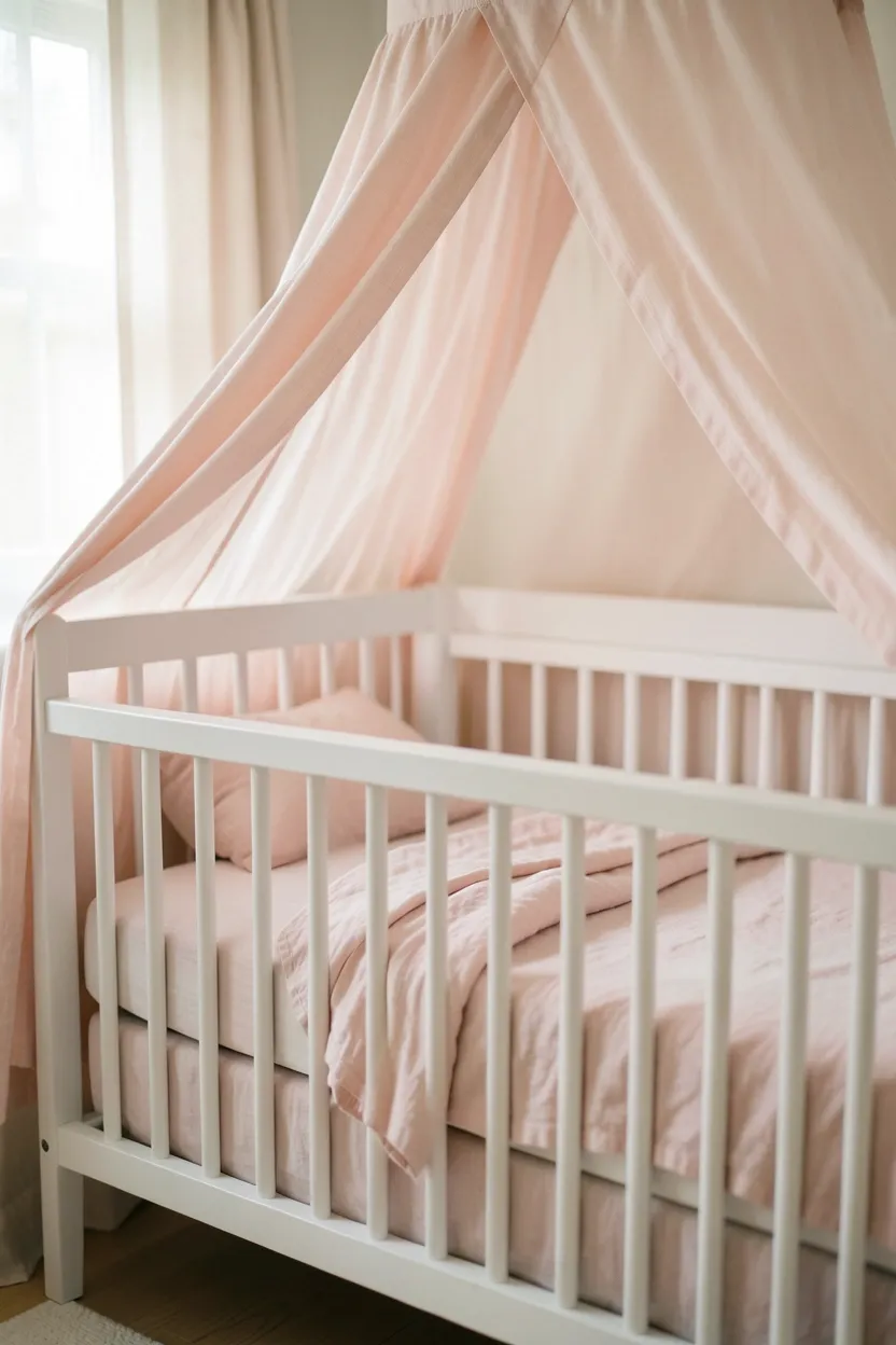 White sheer canopy over wooden crib with blush pink linen bedding in dreamy pink boho nursery