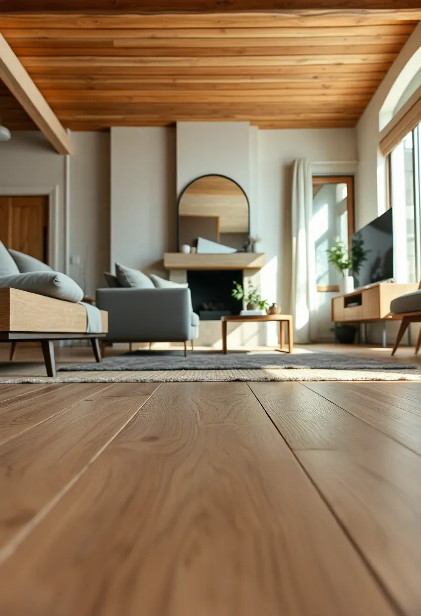 Hyper-realistic detail view of wide-plank white oak hardwood flooring in rustic minimalist living room. Materials: 8-inch wide oak planks with wire-brushed texture, natural matte finish, subtle grain variation, simple area rug edge visible. Natural daylight streaming across floor, emphasizing plank width and texture. Low angle composition focusing on floor. Shallow depth of field. No text, no logos, architectural detail photography style.</p>