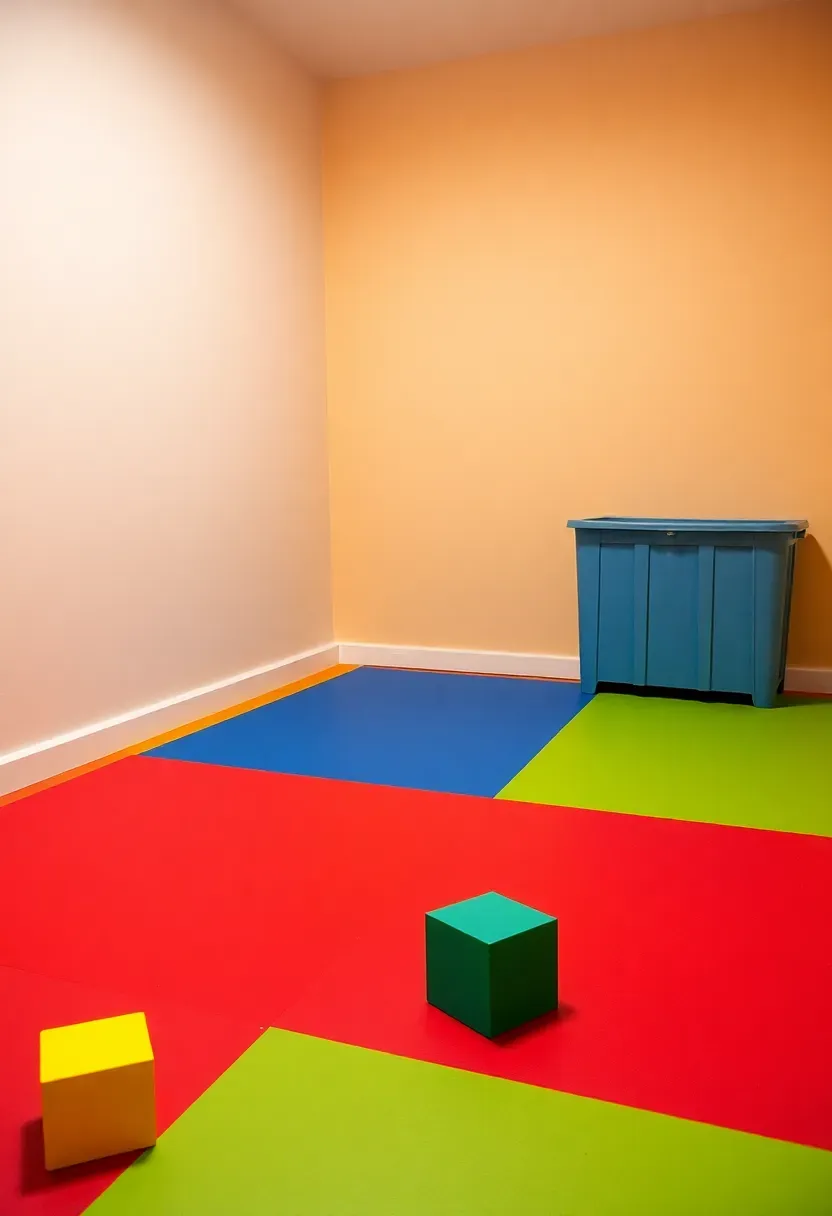 Colorful color-blocked basement playroom floor with bold sections of red blue yellow and green in a bright kids play area