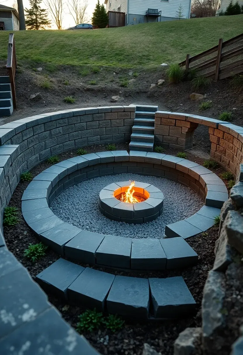 Sunken backyard fire pit with two levels of stone terrace seating surrounded by ground cover plants