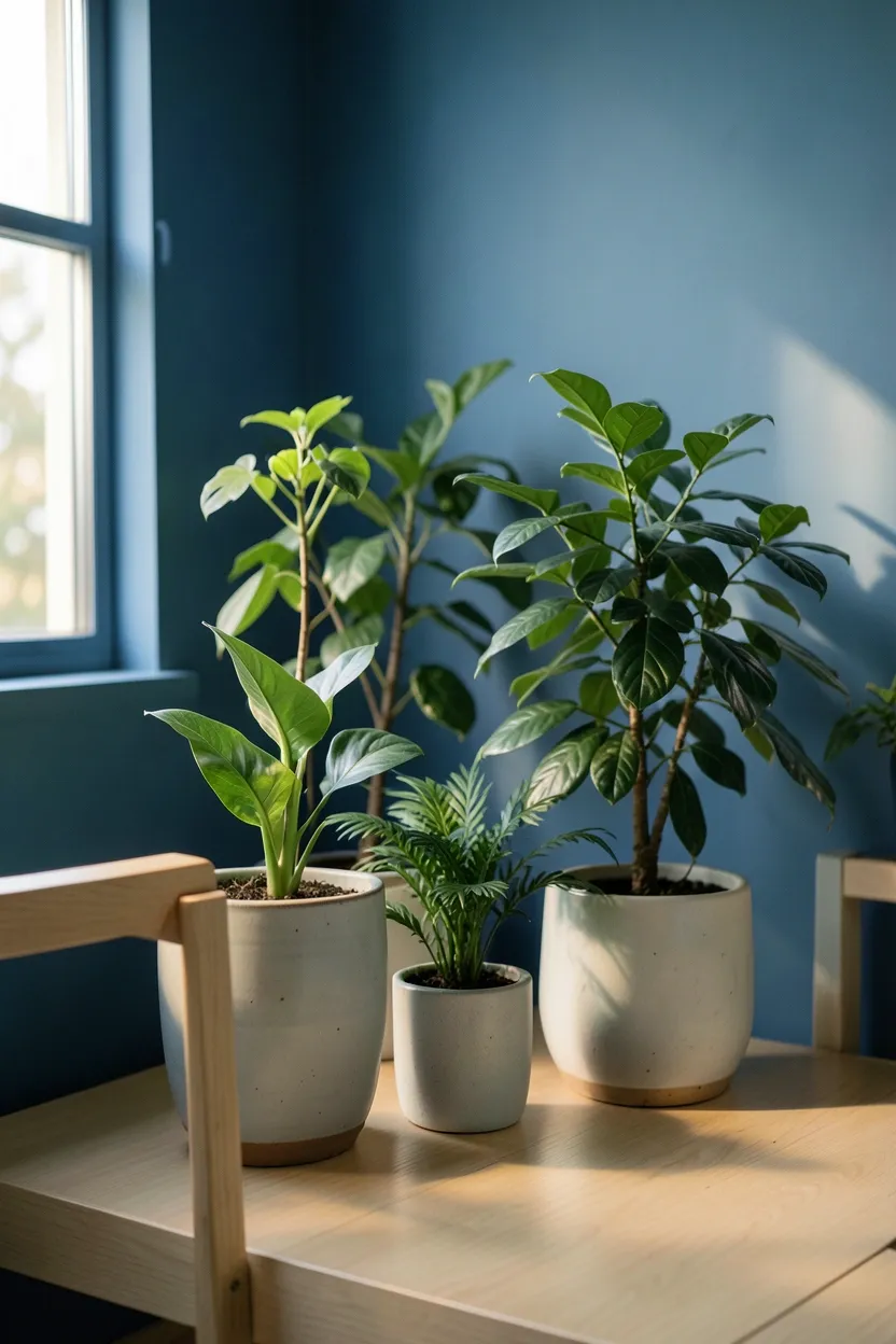 Navy blue area rug anchoring a green-toned minimalist living room with light wood furniture in a small rental apartment