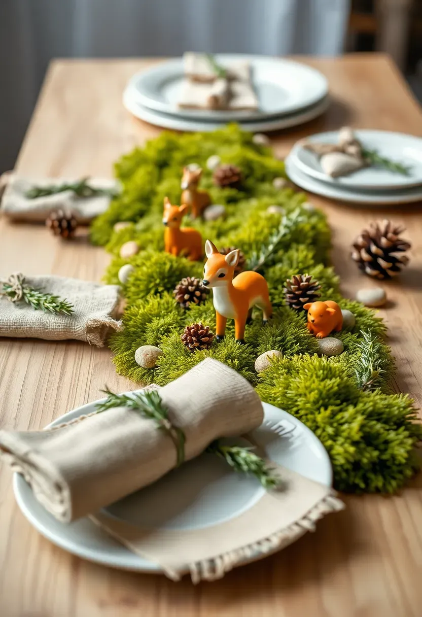 enchanting woodland animal themed baby shower tablescape with small deer and fox figurines moss runners pine cone accents and burlap napkin wraps