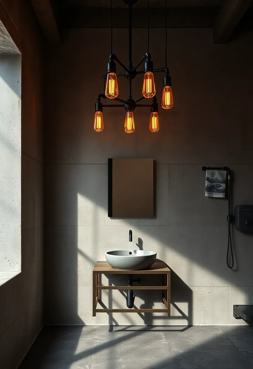 Matte black industrial chandelier with exposed bulbs and pipe-style arms in a loft-style bathroom with concrete walls