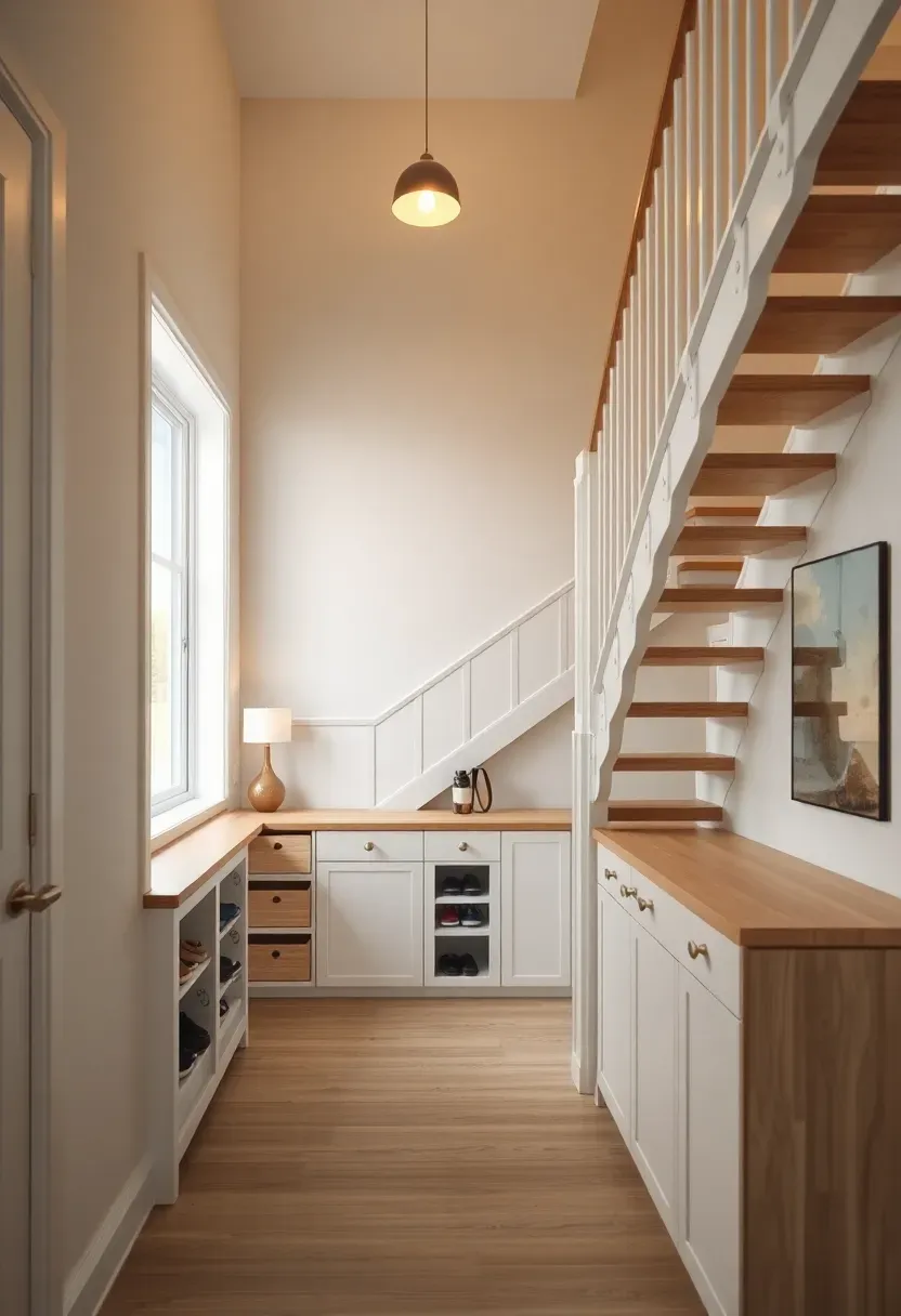 Split-level home entryway landing with floating stairs, built-in under-stair storage, pendant light, and narrow console table