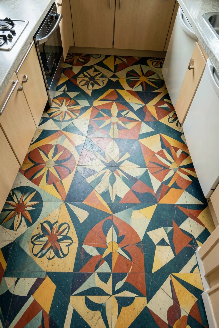 Retro patterned linoleum floor with 1950s atomic geometric design in a vintage kitchen — soft, comfortable, and durable