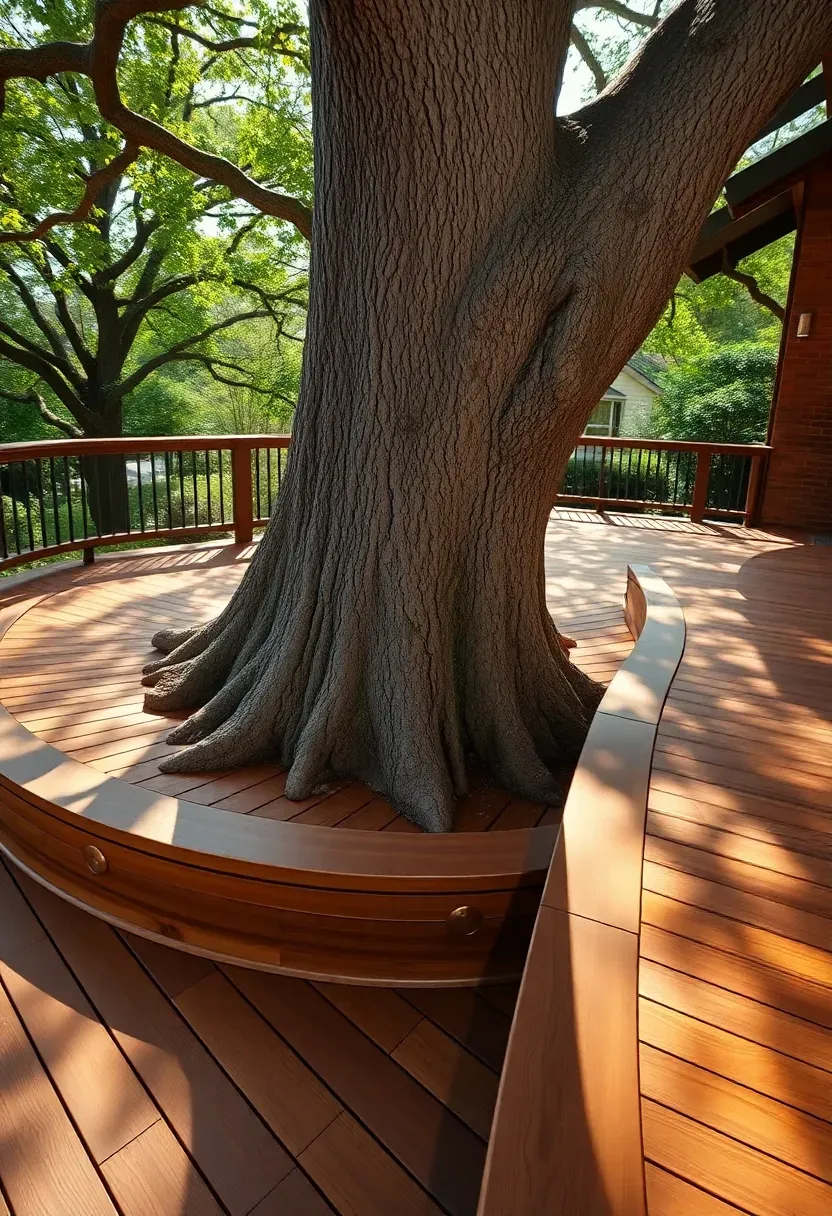 Organic curved freeform deck with flowing edges following the natural contour of mature trees, composite decking in warm walnut tones, and embedded landscape lighting