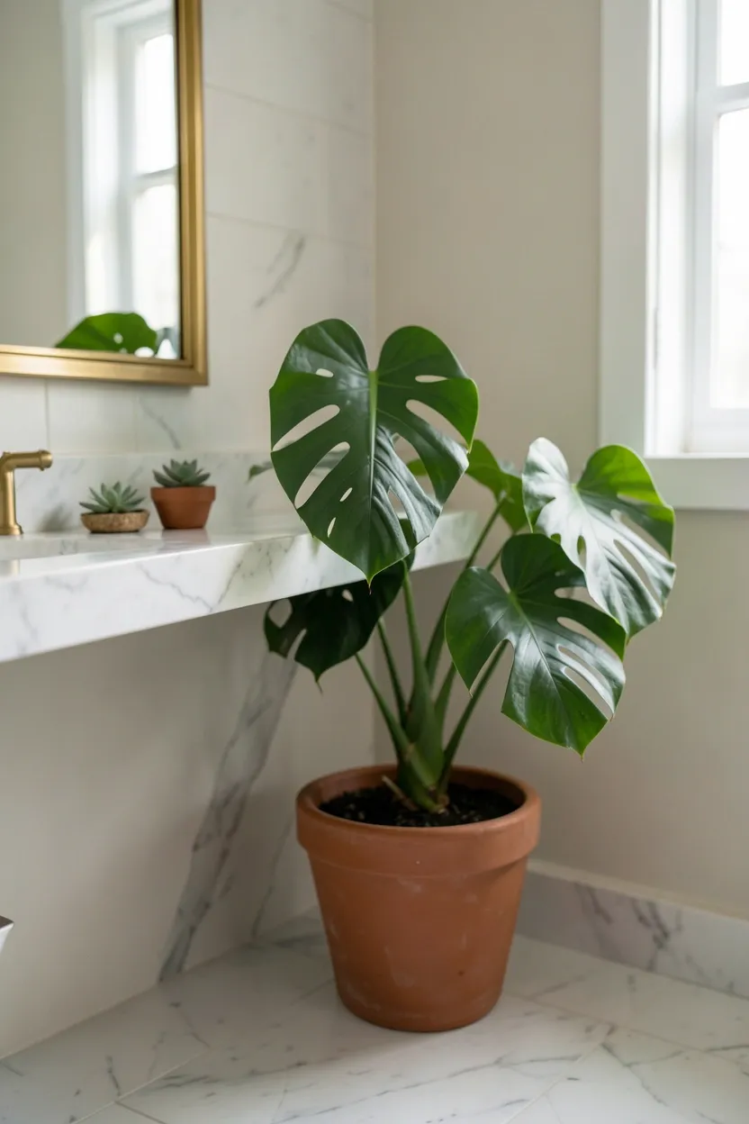 Monstera plant in terracotta pot beside a freestanding tub, trailing pothos on a white floating shelf — greenery in an aesthetic rental bathroom