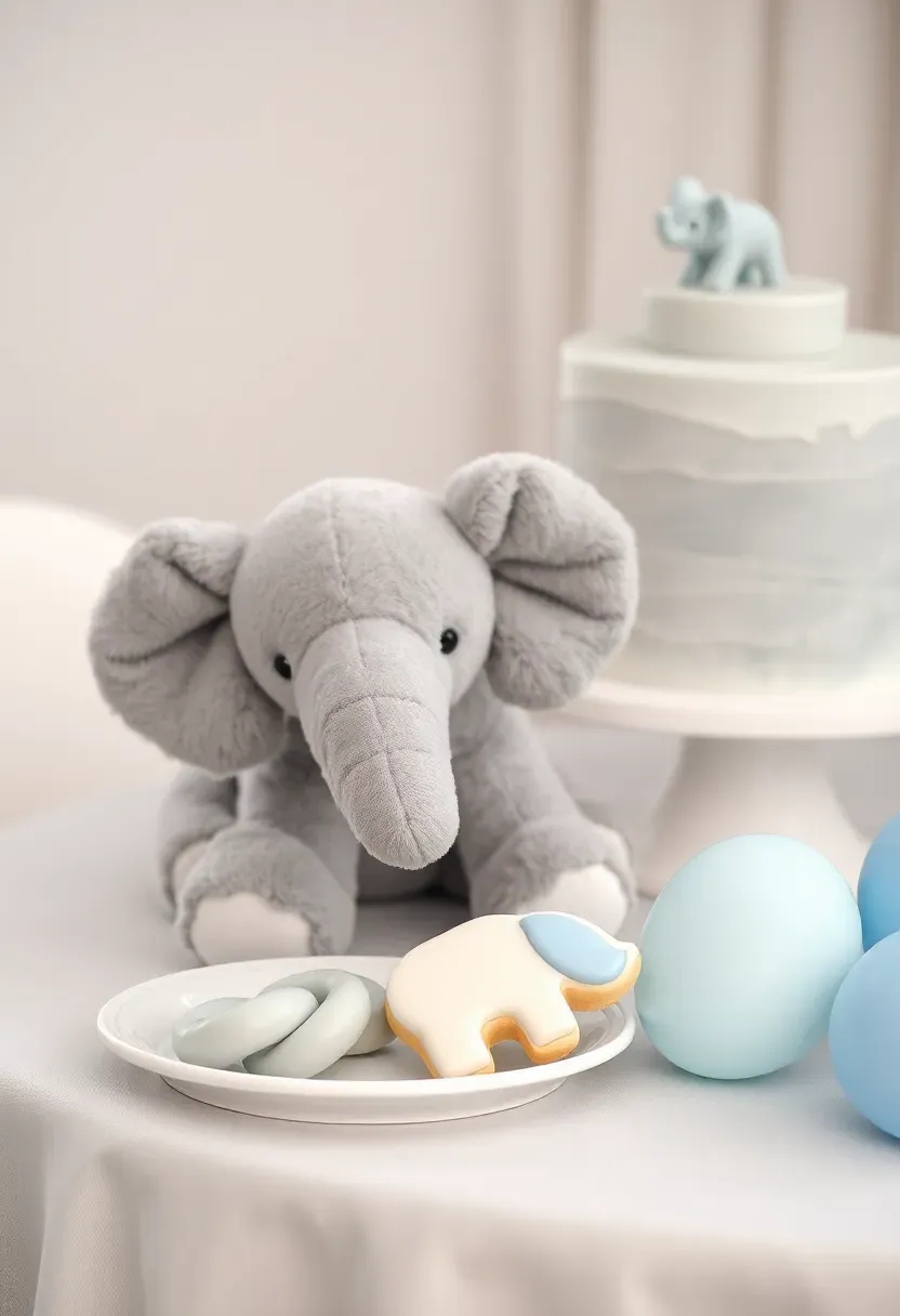 adorable elephant themed baby shower in soft gray and blue with plush elephant centerpieces, peanut shaped cookies, balloon elephants, and a tiered gray fondant cake