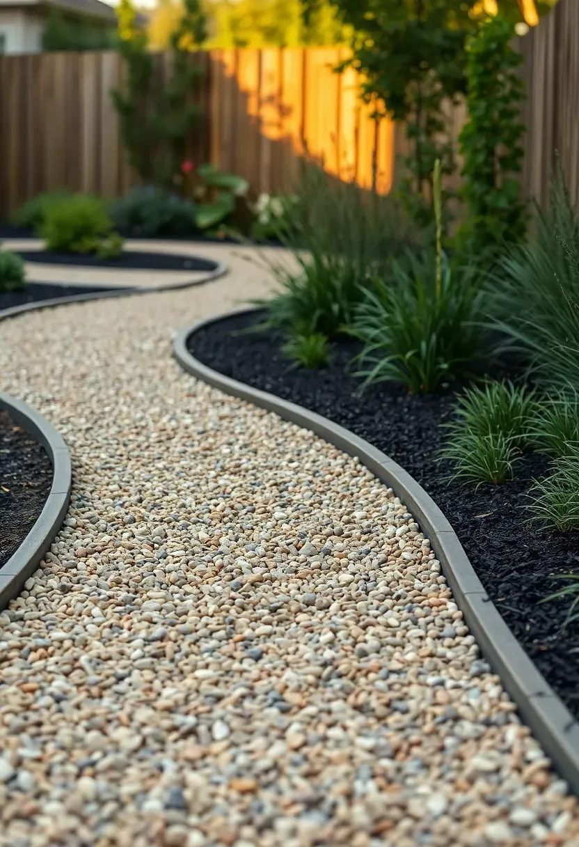 Curved pea gravel walkway through a backyard garden with steel landscape edging and low border plants on each side