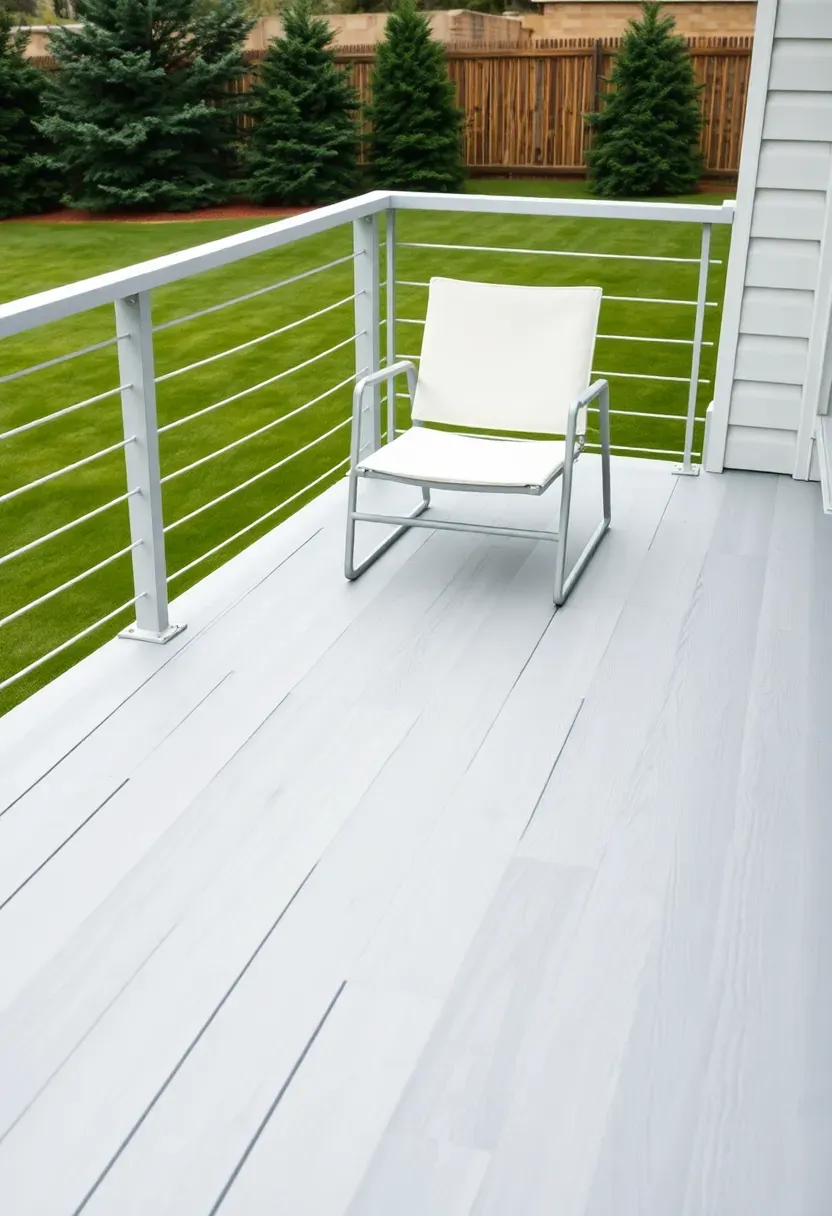 Clean modern composite deck in cool gray tones with sleek aluminum railing, minimal furniture, and a pristine appearance showing zero visible weathering