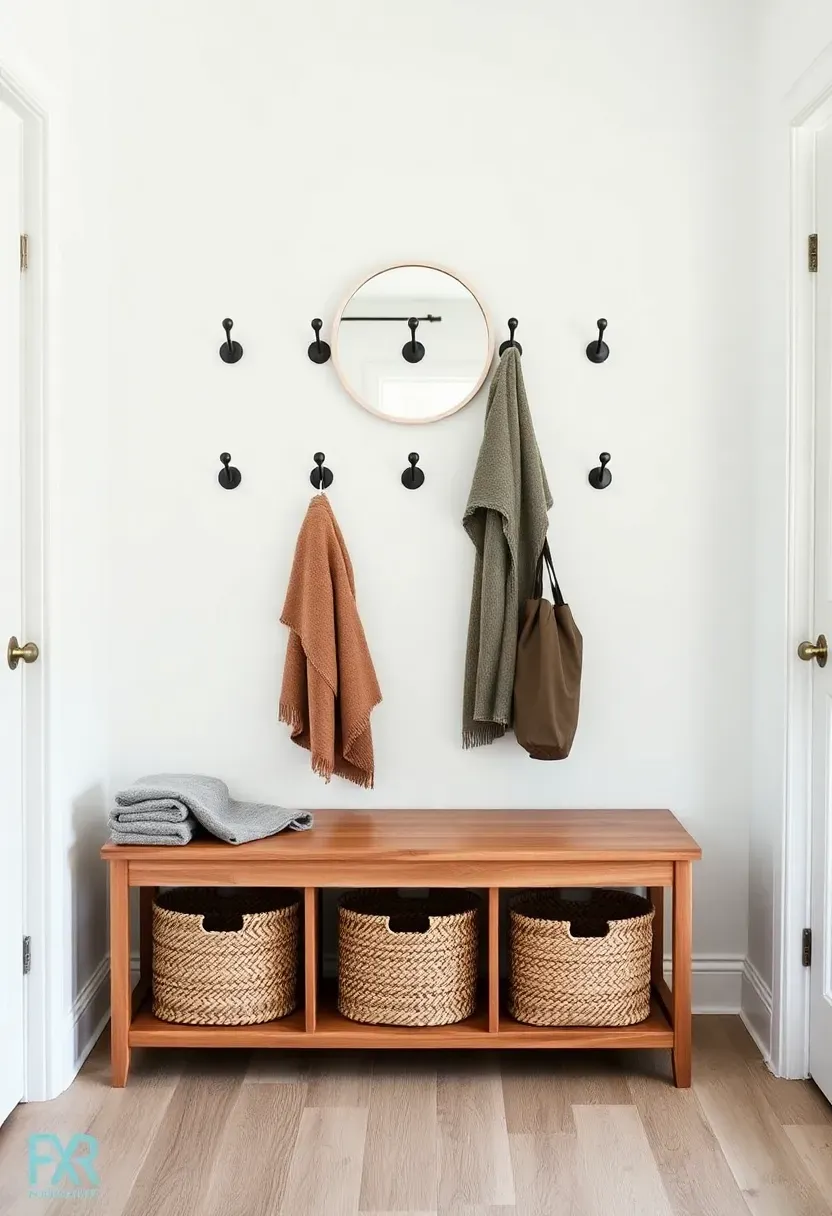 Entryway with a wooden storage bench below a row of black iron wall hooks, woven baskets underneath, and a small round mirror above