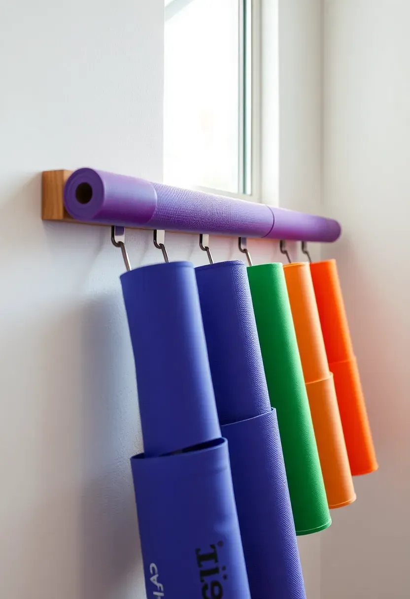 Yoga mat wall display system with horizontal bars holding five colorful rolled mats vertically on a light-colored gym wall