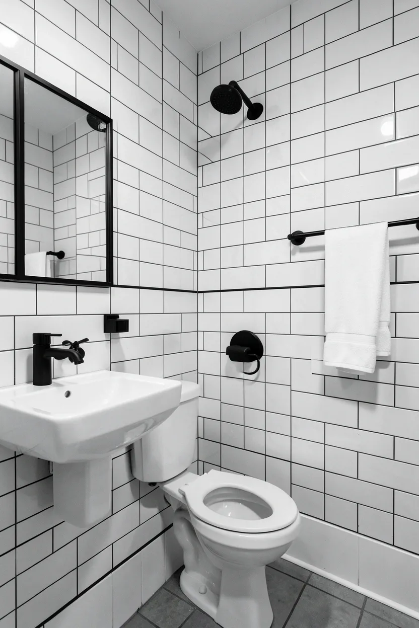 White subway tile bathroom with matte black faucet, black-framed mirror, and floor-to-ceiling white tiles for classic contrast