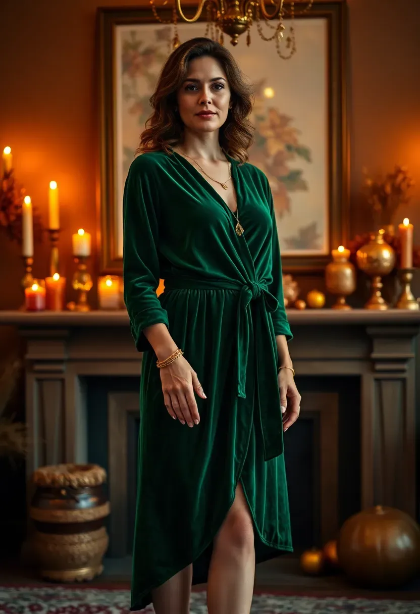 rich emerald velvet wrap dress with gold accessories for an autumn baby shower