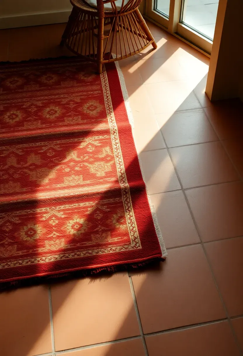 Sunroom floor with warm terracotta tiles partially covered by layered vintage kilim rugs in faded red and rust tones with a rattan chair visible