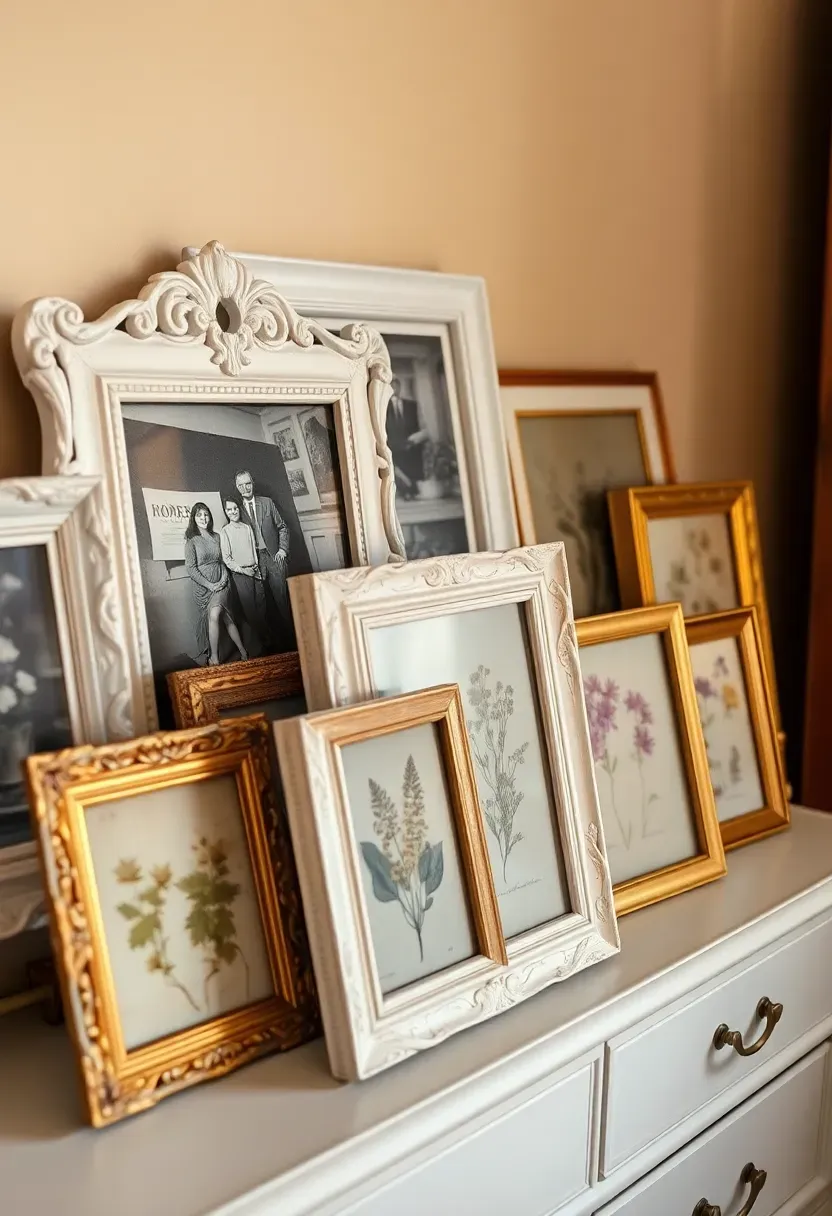 Collection of mismatched vintage frames displaying family photos and artwork