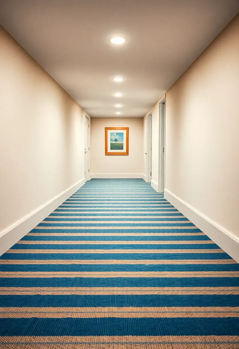 narrow finished basement hallway with blue and cream striped carpet creating a lengthening visual effect