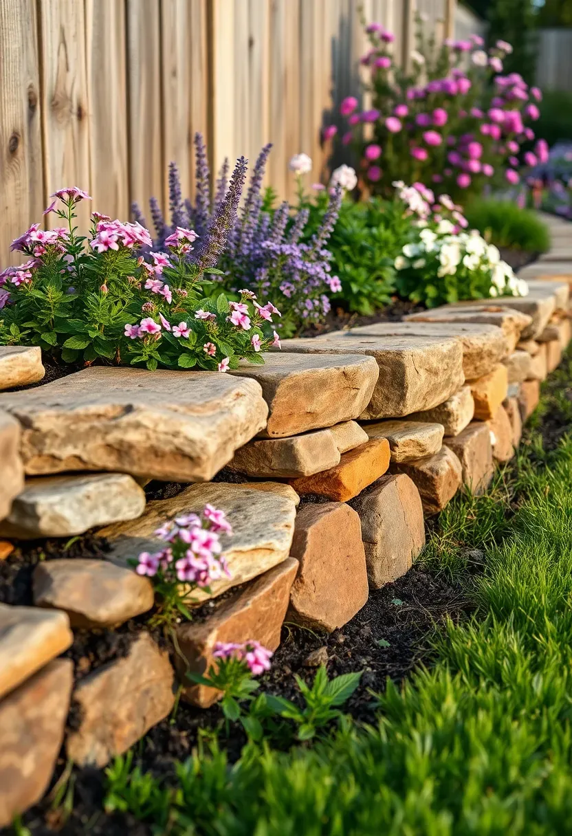 Stacked natural stone planter edge built along a wooden fence with colorful perennials and ground cover plants spilling over the edge
