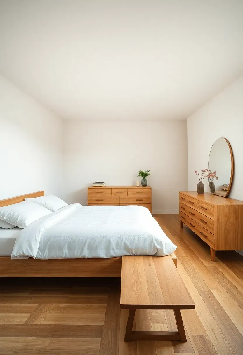 Hyper-realistic wide view of a minimalist bedroom featuring all low-profile furniture. Materials: low platform bed in natural oak 12 inches high, low wide dresser 24 inches tall, simple wood bench at foot of bed, all in matching light oak. White bedding, cream walls, light oak floor. Soft ambient light emphasizing horizontal lines throughout. Visible wall space above furniture making ceilings feel higher. Uncluttered floor area. Calm grounded mood with strong horizontal emphasis.</p>