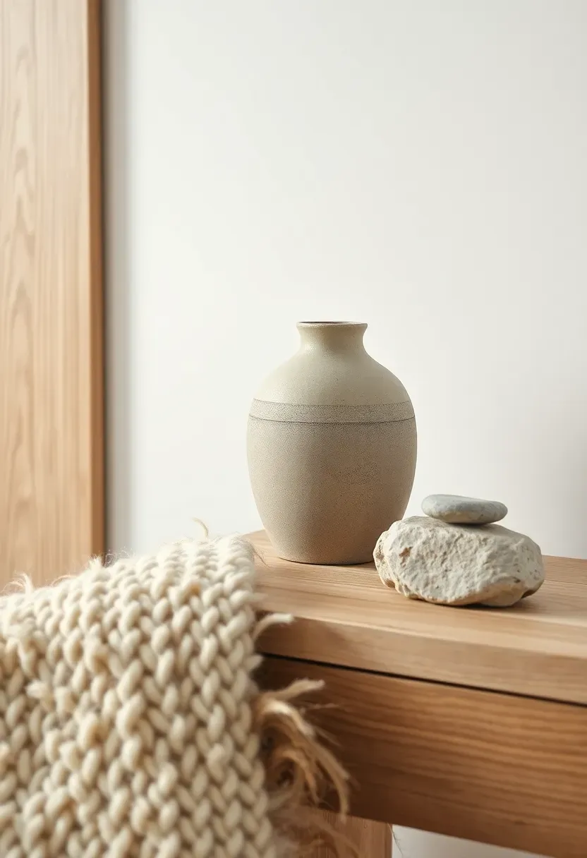 Hyper-realistic detail shot showcasing natural materials in Scandinavian interior. Close-up of light oak wood furniture grain visible, wool rug texture with natural fibers, raw ceramic vase on wooden surface, small stone decorative object. White wall background providing contrast. Materials: pale oak with visible grain pattern, cream wool with natural texture, matte ceramic with subtle variations, smooth river stone. Soft directional lighting highlighting texture and material quality, shallow depth of focus on materials. Natural material philosophy mood showing authentic textures and honest construction.</p>