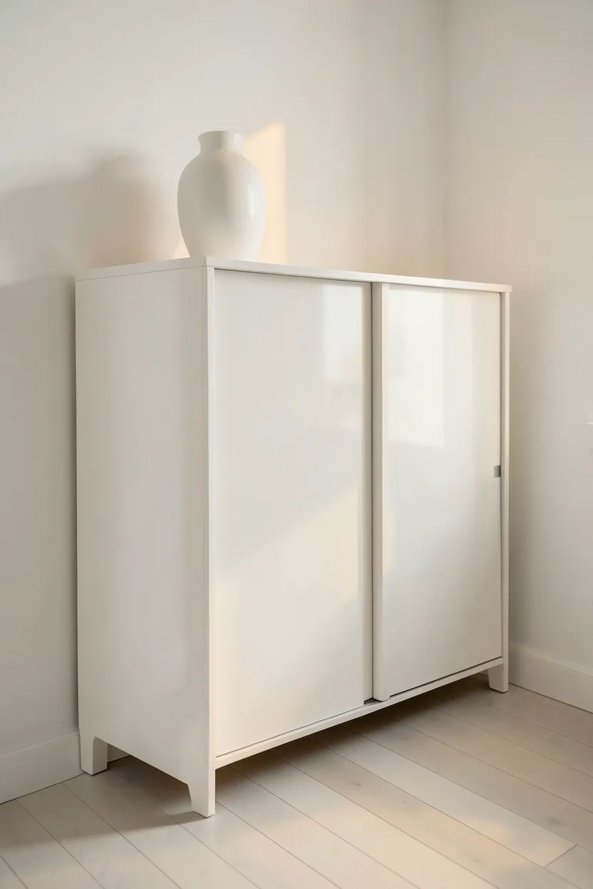 Low-profile white wardrobe with sliding doors in a minimalist Japandi bedroom for small apartments