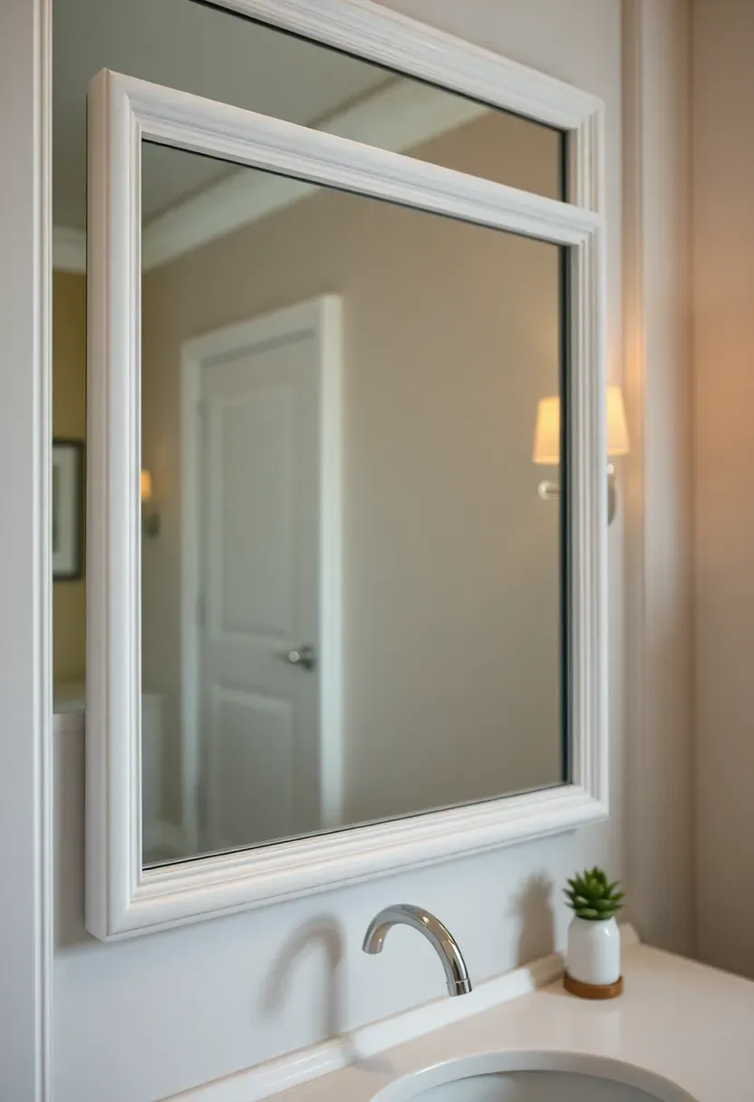 DIY wood molding mirror frame painted white over a builder-grade bathroom mirror — budget vanity upgrade