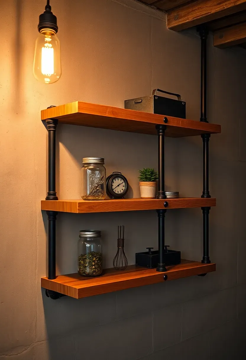 Industrial pipe shelving on a basement wall with black iron pipe brackets supporting reclaimed wood plank shelves holding jars and vintage items