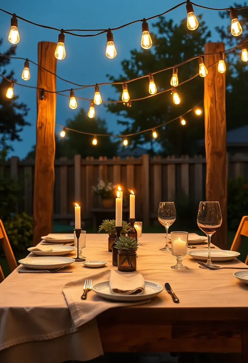 Warm white string lights strung in a zigzag pattern between two wooden posts above a backyard dining table set for dinner, with candles and a simple linen tablecloth