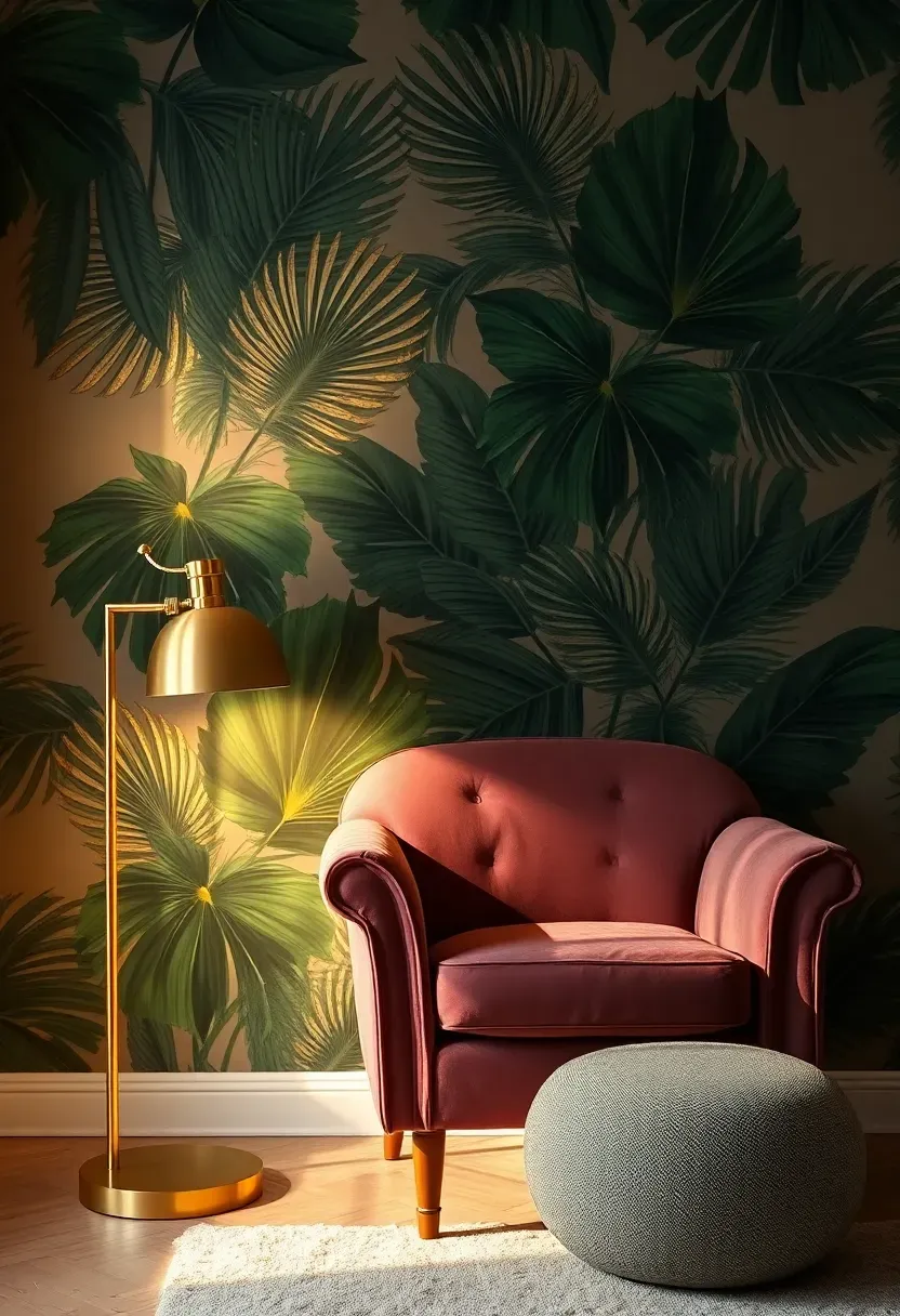 Statement wallpaper feature panel with bold tropical palm leaf pattern in deep green and gold on a single wall behind a velvet armchair
