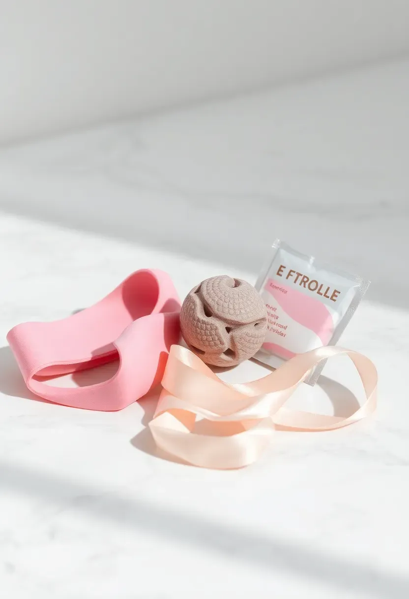 blush pink resistance band massage ball and electrolyte sachets on marble with pale satin ribbon
