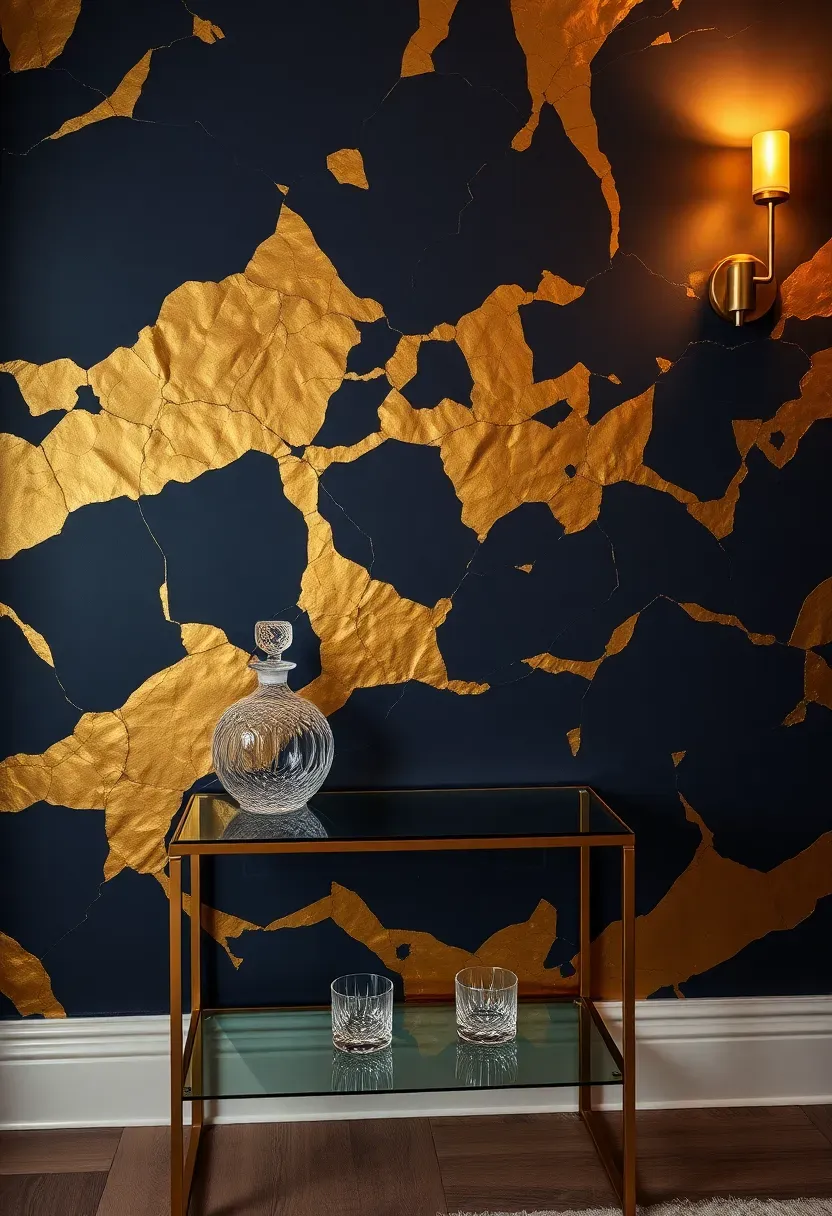 Glamorous accent wall with an abstract gold leaf application over a dark navy base creating an organic metallic pattern