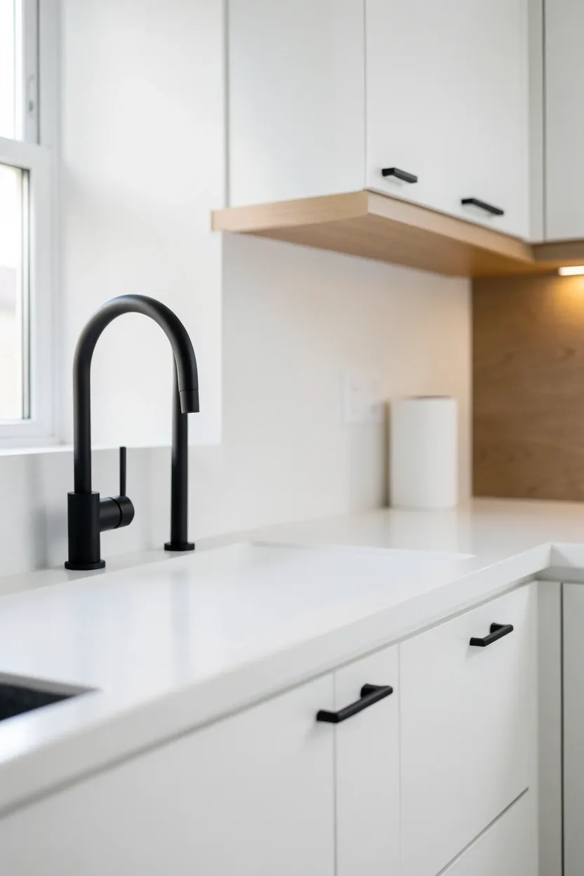 Matte black faucet and cabinet pulls against crisp white kitchen surfaces — modern Scandinavian kitchen contrast in a rental apartment