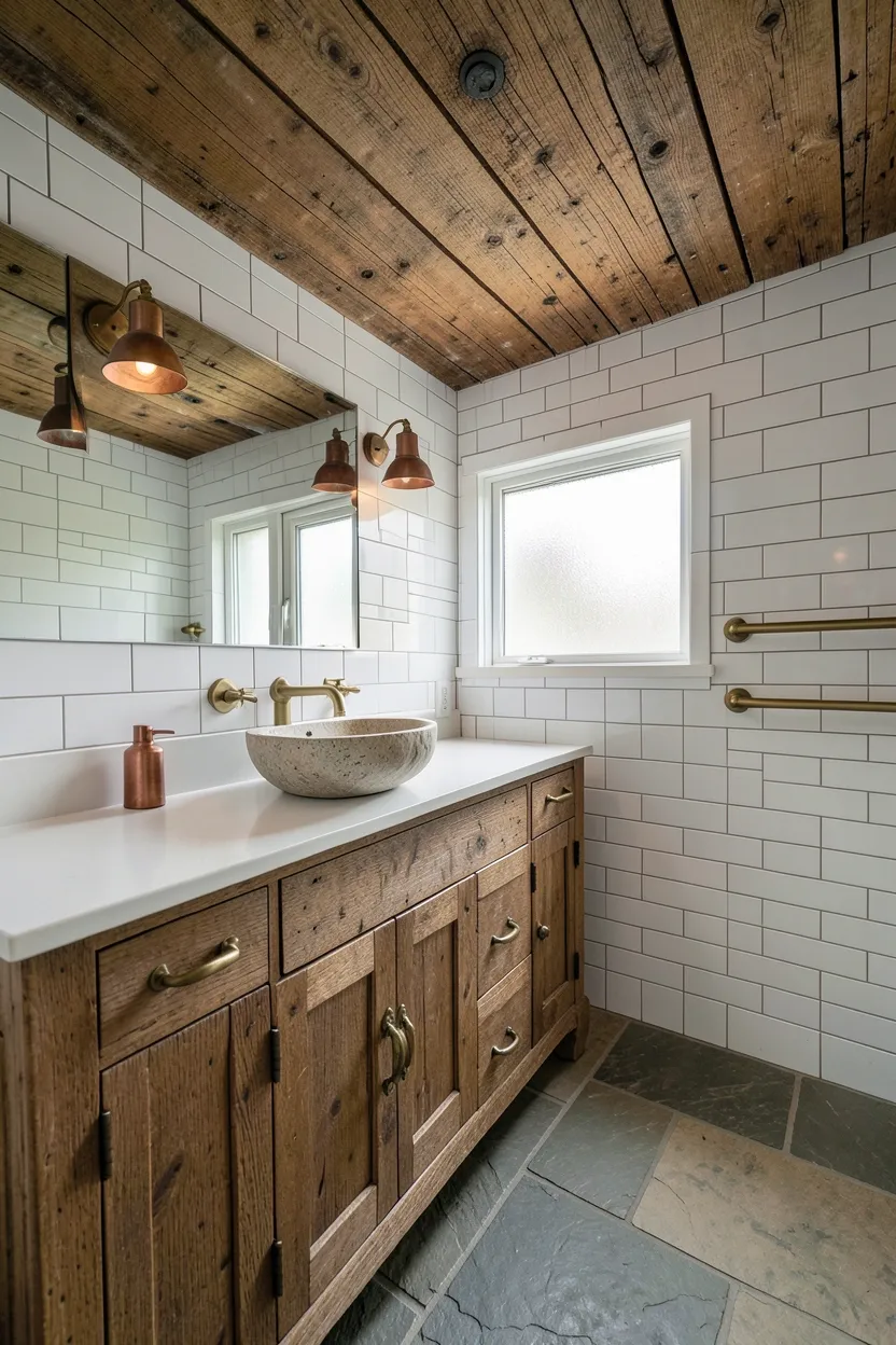 Hyper-realistic 3:2 wide shot of a luxurious rustic bathroom featuring comprehensive rustic immersion: reclaimed wood ceiling planks with visible grain, natural slate stone floor with cleft texture, reclaimed wood vanity with brass hardware, white quartz countertop with natural stone vessel sink, copper wall sconces with patina, brass towel rail, white subway tile walls with brass accents. Natural light from frosted window. Materials: reclaimed oak wood throughout, natural slate stone, white quartz, copper and brass fixtures, white ceramic tiles. Immersive rustic sanctuary. Authentic aged materials throughout. Warm earthy palette. No text, no logos, no watermarks.</p>