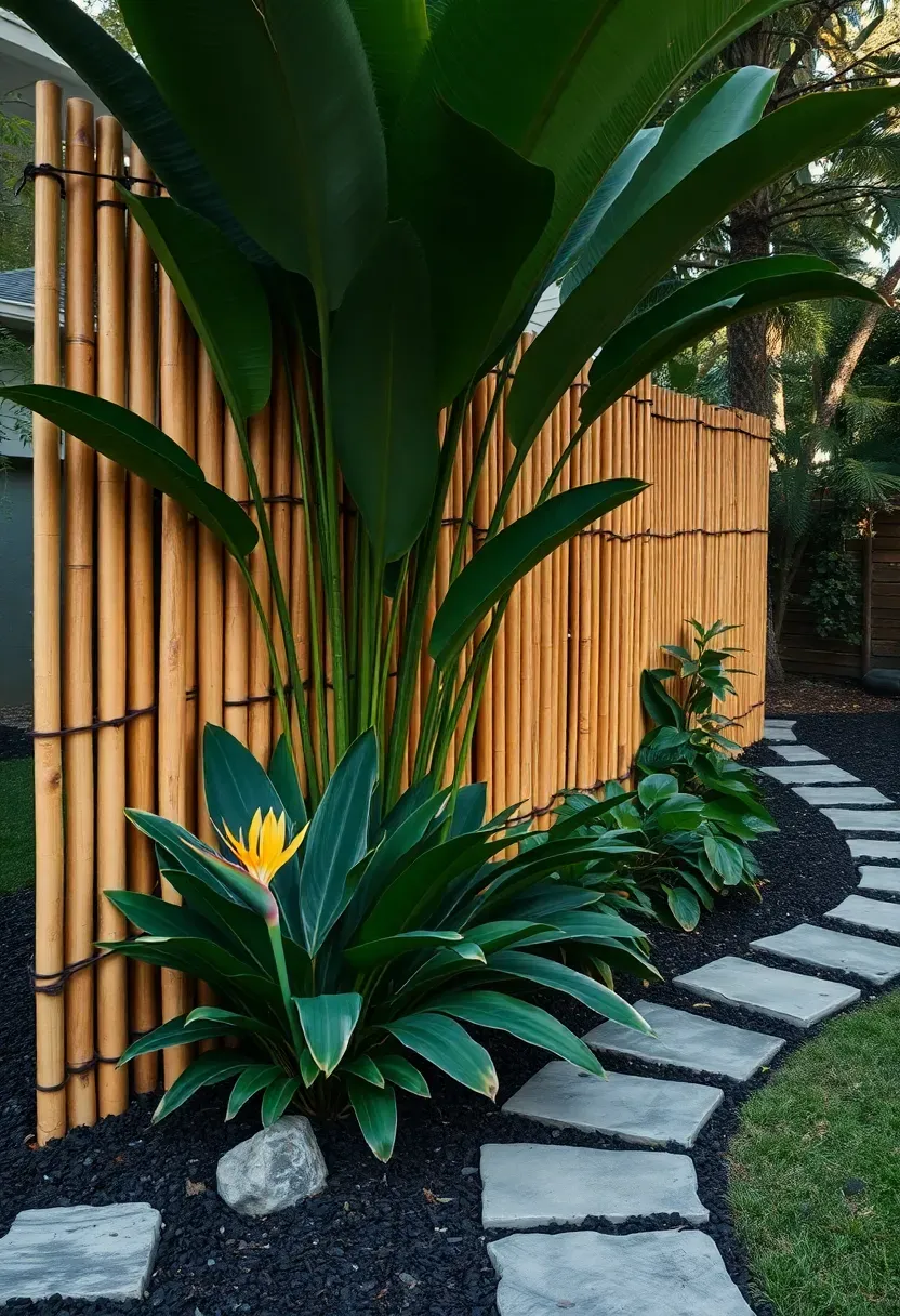 Natural bamboo roll fence installed as a privacy screen along a backyard boundary with tropical plants and a stone pathway