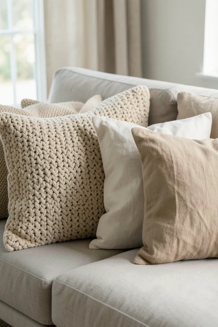 Chunky knit wool throw and linen pillows in warm beige and terracotta tones layered on a rustic living room sofa