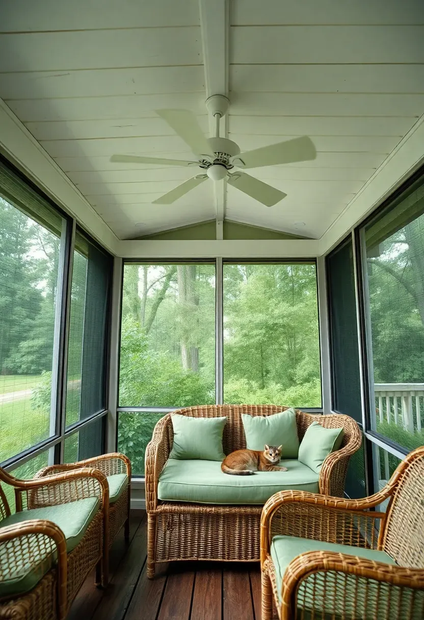 Screened-in deck room with mesh walls and a shingled roof, wicker furniture inside, and a ceiling fan spinning overhead in summer