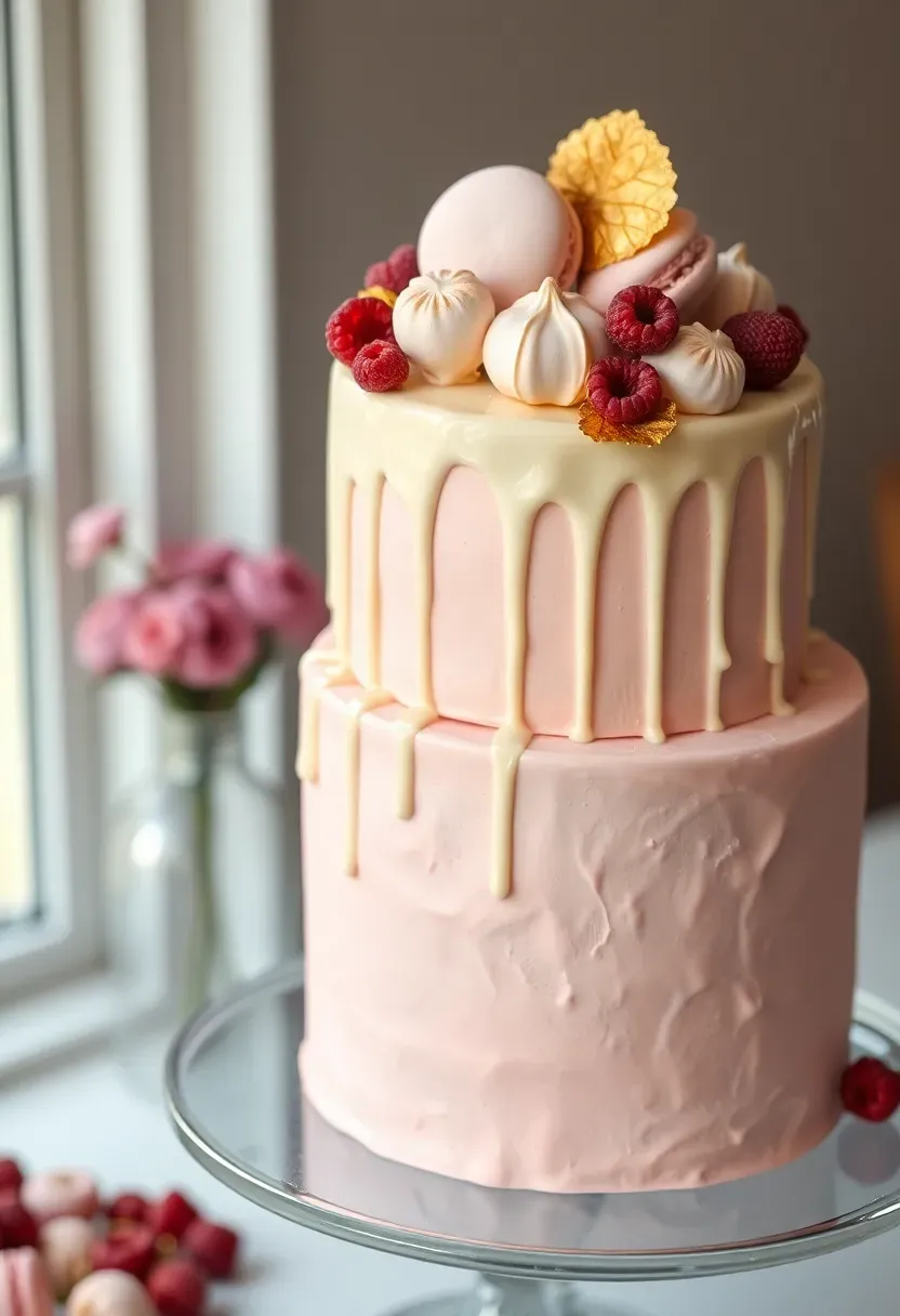 two-tier baby shower drip cake with white chocolate ganache drips topped with pastel macarons meringue kisses and gold sprinkles