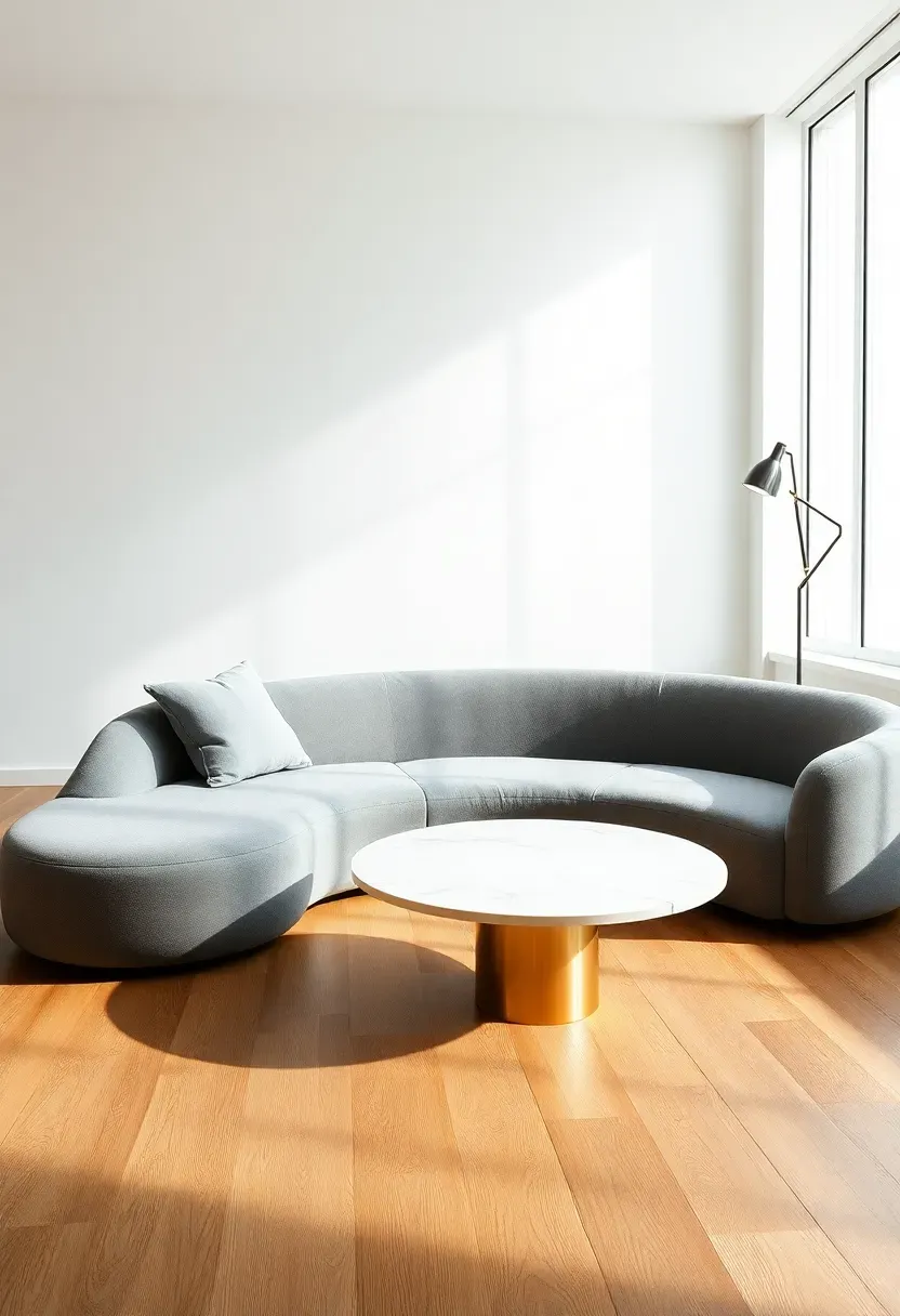 Hyper-realistic 3/4 view of minimalist living room featuring sculptural furniture as art. Materials: curved gray sofa with organic flowing shape, round coffee table in white marble with brass base, architectural floor lamp with sculptural silhouette. White walls, light oak floor, minimal other furniture. Soft directional light emphasizing furniture forms and shadows. Artistic furniture functioning as room's visual interest.</p>