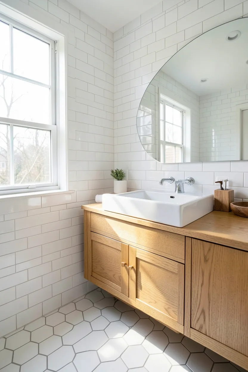 White bathroom with light oak wood vanity, white porcelain vessel sink, large window flooding the space with natural light
