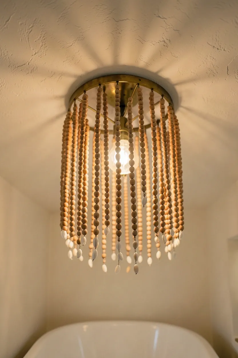 Hyper-realistic eye-level photograph of boho bathroom ceiling light fixture featuring circular brass frame with cascading strings of natural wooden beads and small white shell beads, soft warm light filtering through beads, cream plaster ceiling, white tub partially visible below. Warm ambient lighting. Materials: brass, natural wood beads, shell beads. Artisanal boho lighting aesthetic. Delicate bead texture details. No text, no logos, no watermarks.</p>