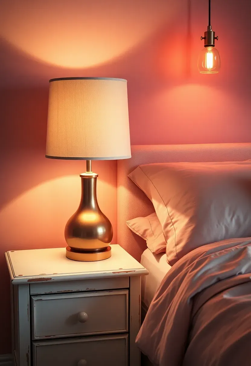 Rose gold table lamp and pendant light fixtures casting warm glow in a pink shabby chic bedroom