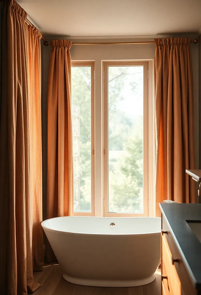 Spa-like bathroom with pinch pleat linen curtains in warm clay tone flanking a large window with garden view