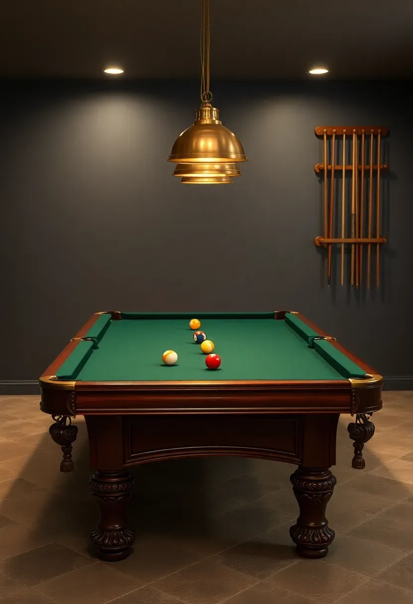 regulation-size pool table in a basement game room with low hanging pendant lights and dark green felt