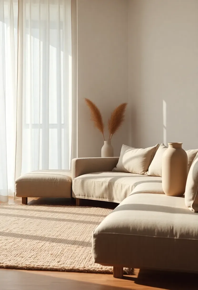 Hyper-realistic 3/4 view of minimalist living room in monochromatic taupe palette—taupe linen sofa, oatmeal wool rug, varying brown tones in wood accents, beige ceramic vase. Materials: natural linen, wool texture, light walnut wood, matte ceramic. Soft natural light from window, creating subtle shadow variations on textures. Textural depth without color contrast. Clean minimalist composition with organic shapes. Shallow depth of field, sharp focus on texture details. No text, no logos, no watermarks.</p>